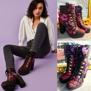 Shoe Dazzle Black and Pink Floral Tapestry Boots